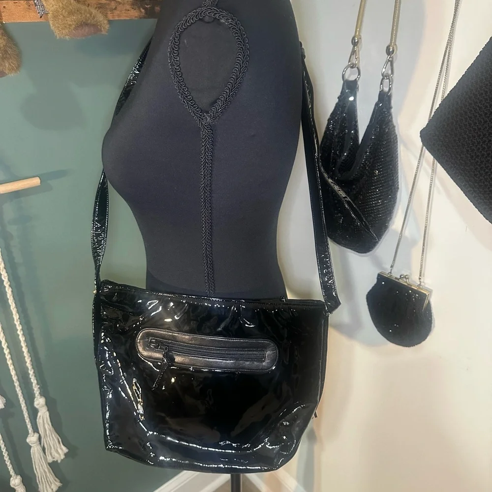 90s Vintage Sharif Black Leather Corset Crossbody Bag Made in USA